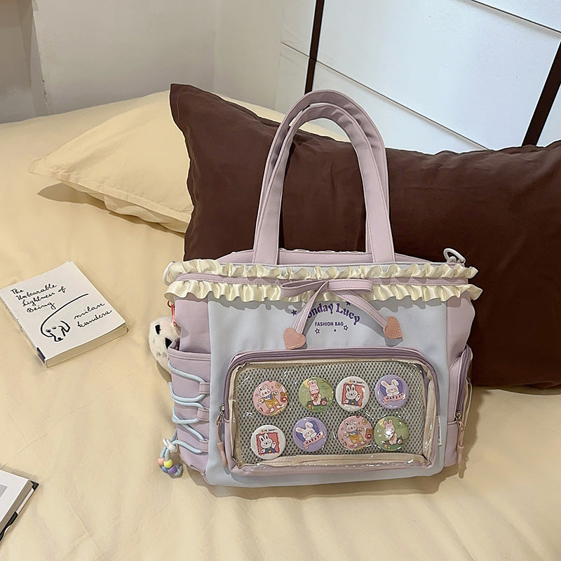 New Style Schoolbag Women's High Color Value Contrast College Style Junior Senior high school Student Backpack Ballet Style Pleated Lace Pain Bag