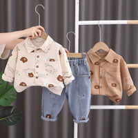 Male Baby Baby Spring Clothes Shirt Clothes Autumn Western Style Full Print Bear Cartoon Handsome Two-piece Set Little Boy Children's Clothes