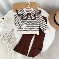 New Spring and Autumn Outfit for Girls: Striped Collared Long-Sleeve Sweatshirt and Pants Two-Piece Set, Cross-Border Girls' Outfit