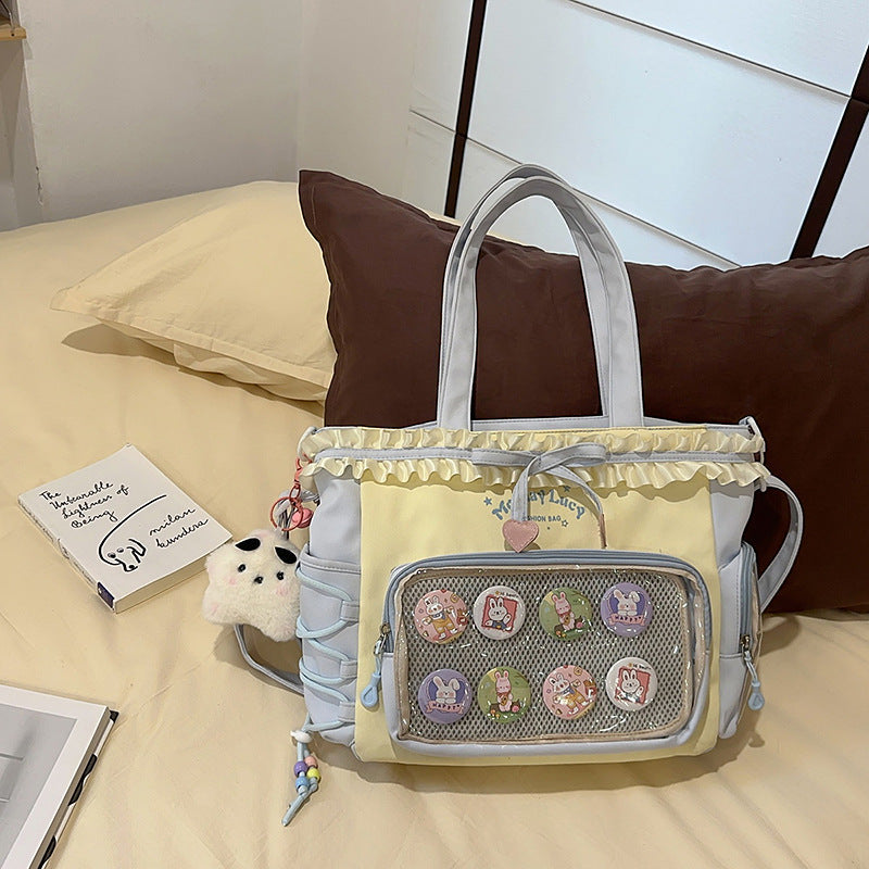 New Style Schoolbag Women's High Color Value Contrast College Style Junior Senior high school Student Backpack Ballet Style Pleated Lace Pain Bag
