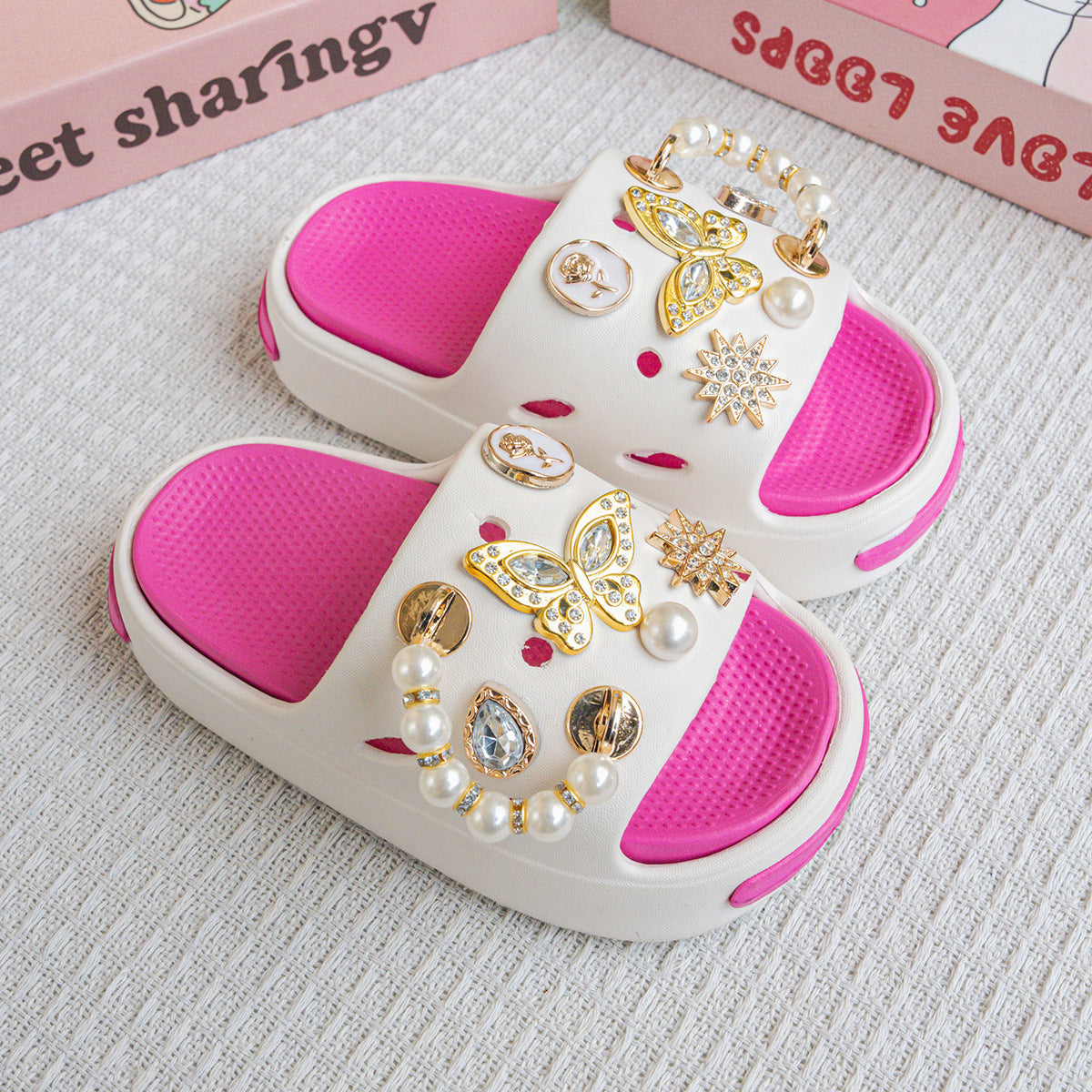 Eva Kidsren's Slippers Summer Outer Wear Pearl Gold Butterfly Sandals Girls Baby Beach Slippers