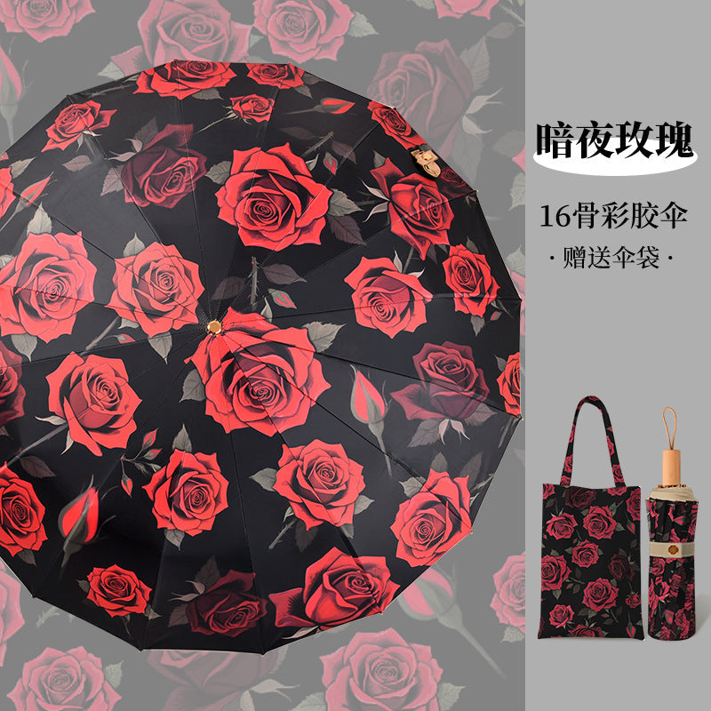 Vintage High-Appearance Student Manual  Three-Fold 16-Rib Sun Protection Uv-Resistant Dual-Use Umbrella for Sun and Rain, Foldable Sunshade Umbrella for Women
