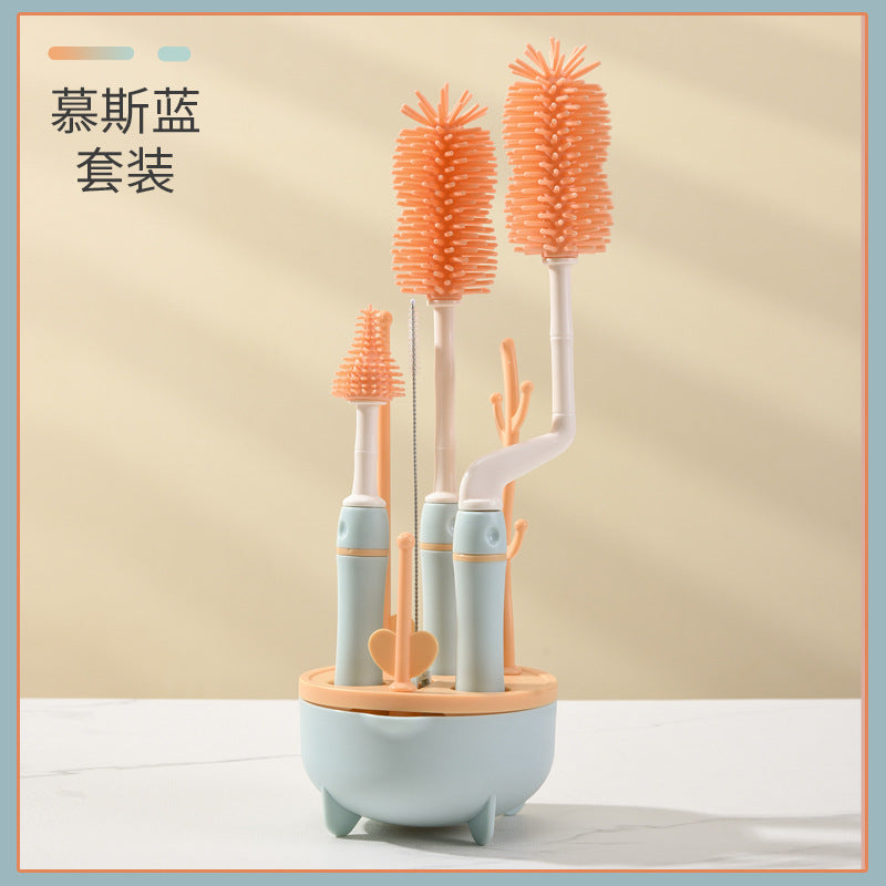 Baby-Specific Silicone Bottle Brush Three-Color Long-Handled Cleaning Brush Combination 360-Degree Rotating Cleaning Bottle Brush Set