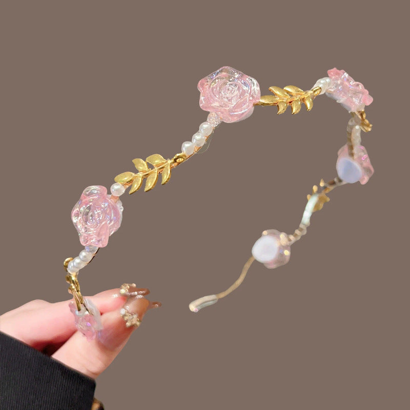 Light Luxury Rose Presspressed Hair Hoop Internet Popular Women's Mori Style Fairy Beauty Pearl Flower Thin Head Hoop Flocking Cheongsam Bridal Headwear