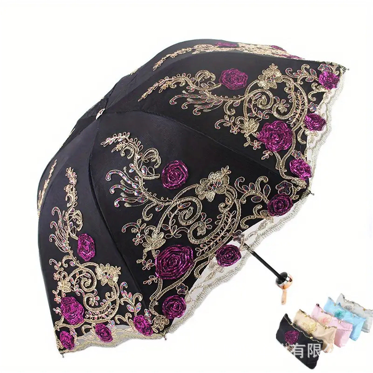 TEMU cross-border for manufacturers folding vintage embroidered lace double vinyl three-fold umbrella wedding umbrella