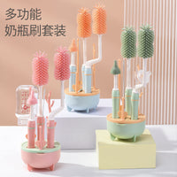 Baby-Specific Silicone Bottle Brush Three-Color Long-Handled Cleaning Brush Combination 360-Degree Rotating Cleaning Bottle Brush Set