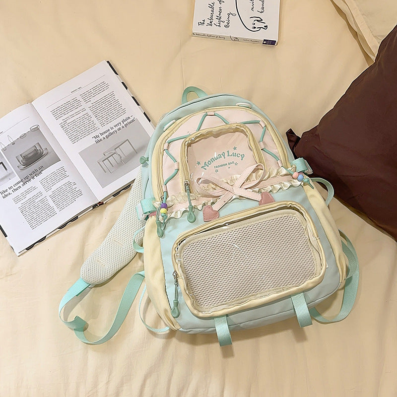 New Style Schoolbag Women's High Color Value Contrast College Style Junior Senior high school Student Backpack Ballet Style Pleated Lace Pain Bag