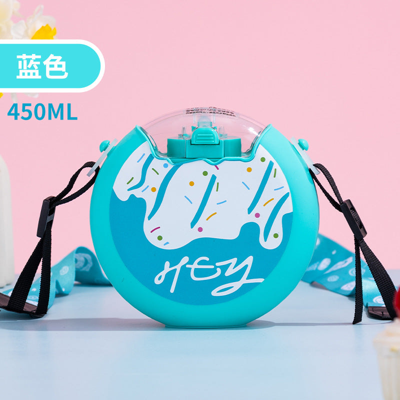 Cute Donut Water Cup Anti-Fall Silicone Straw Cup Children and Students Cross-Body Strap Plastic Cup Gift Kettle Wholesale