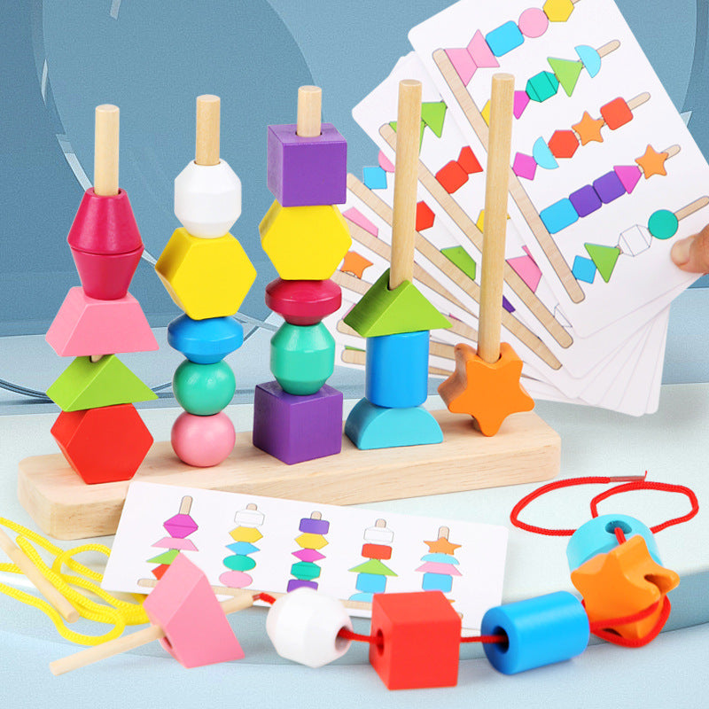 Children's geometric wooden beaded five sets of column color classification Enlightenment early education shape cognition rope puzzle toys