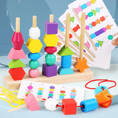 Children's geometric wooden beaded five sets of column color classification Enlightenment early education shape cognition rope puzzle toys