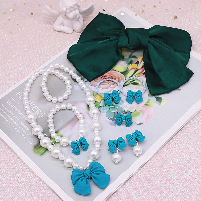 Children's Necklace Set, Cute Bow, Large Pearl Necklace, Bracelet, Ring, Earrings, a Set of Jewelry for Little Girls
