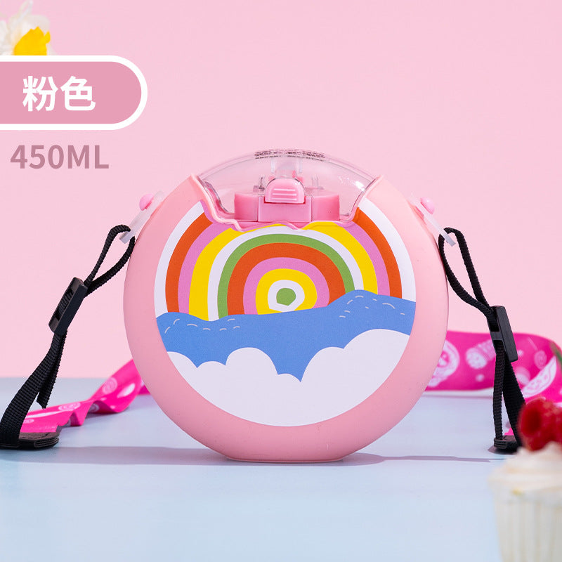 Cute Donut Water Cup Anti-Fall Silicone Straw Cup Children and Students Cross-Body Strap Plastic Cup Gift Kettle Wholesale