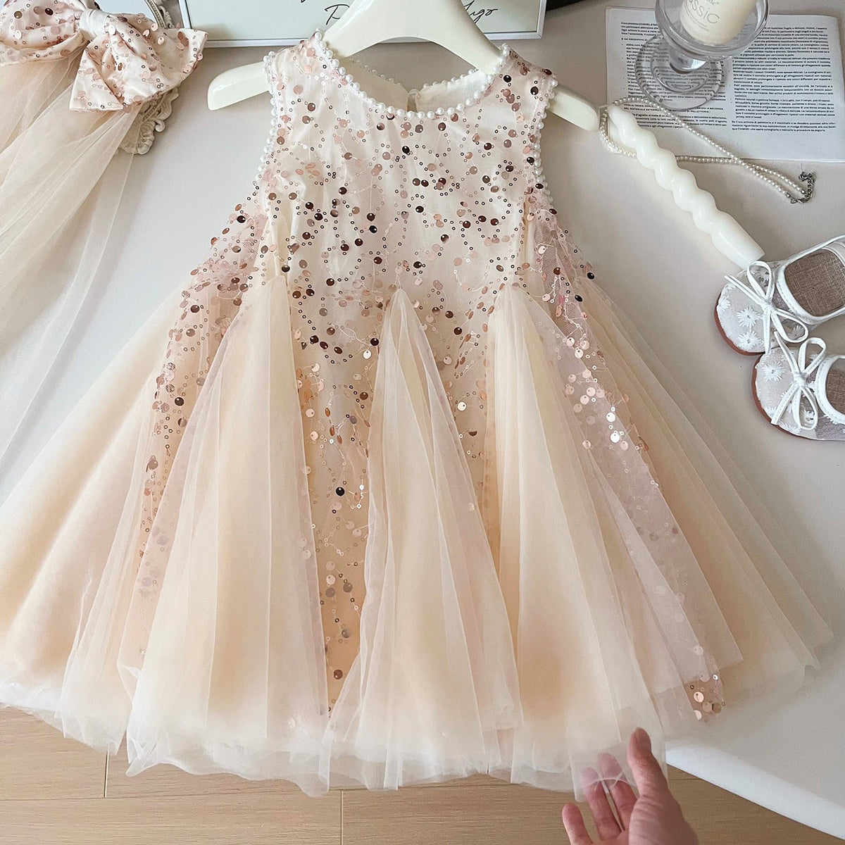 Summer New Korean Girls Beaded Sleeveless Dress Girls Sequined Mesh Princess Dress