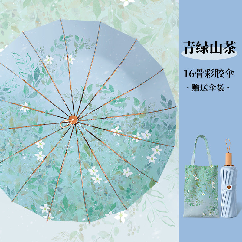 Vintage High-Appearance Student Manual  Three-Fold 16-Rib Sun Protection Uv-Resistant Dual-Use Umbrella for Sun and Rain, Foldable Sunshade Umbrella for Women