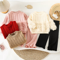 Girls' New Autumn and Winter Hemp Flower Woolen Sweater Women's Treasure Two-Piece Knitted Woolen Mink Crewneck Flared Pants suit