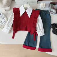 Girls' Autumn Suit 2026 Spring New Korean Style Knitted Vest Shirt Jeans Elegant Three-Piece Set