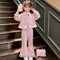 New autumn outfit for girls: a pink princess coat with fine glitter and plaid trim paired with sweet, slimming flared pants
