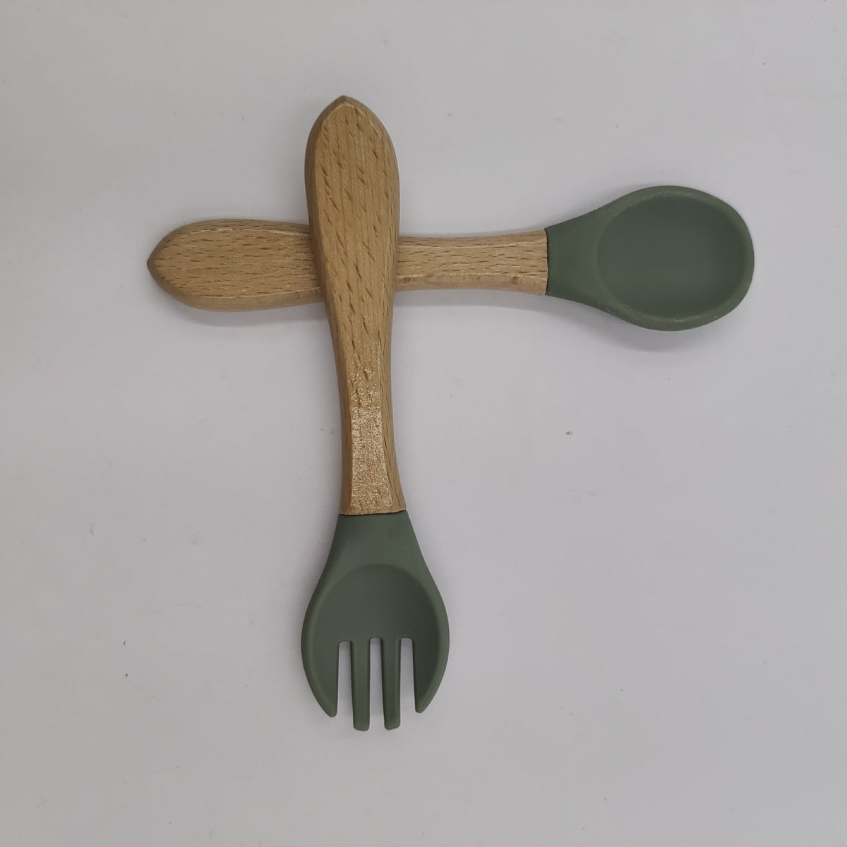 Manufacturer Aliexpress Cross-Border Ready-Stock Children's Eating Training Spoon Wooden Handle Fork Silicone Soft Spoon Silicone Wood Combination