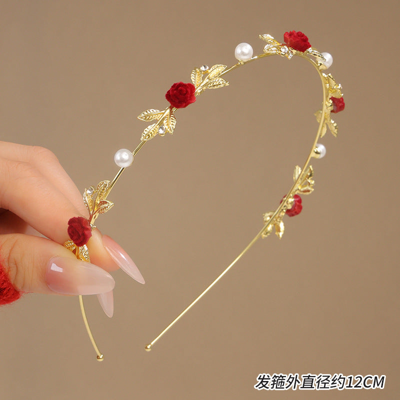 Light Luxury Rose Presspressed Hair Hoop Internet Popular Women's Mori Style Fairy Beauty Pearl Flower Thin Head Hoop Flocking Cheongsam Bridal Headwear