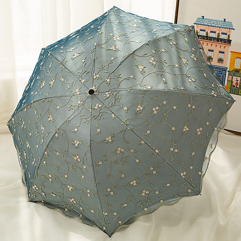 Double-layer lace embroidered sun umbrella female black glue sun protection UV protection umbrella folding rain and rain dual-use sun umbrella