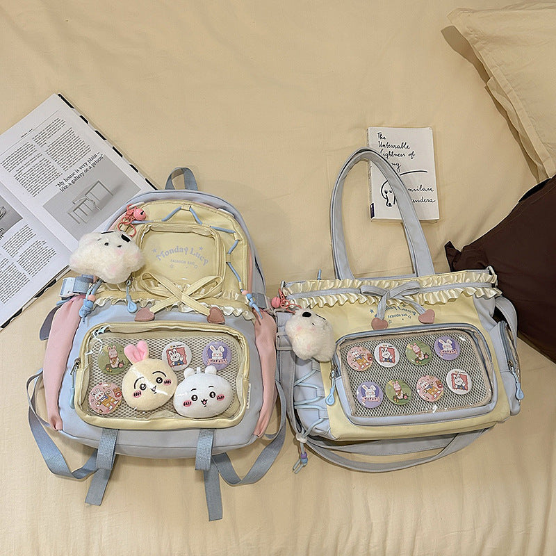 New Style Schoolbag Women's High Color Value Contrast College Style Junior Senior high school Student Backpack Ballet Style Pleated Lace Pain Bag