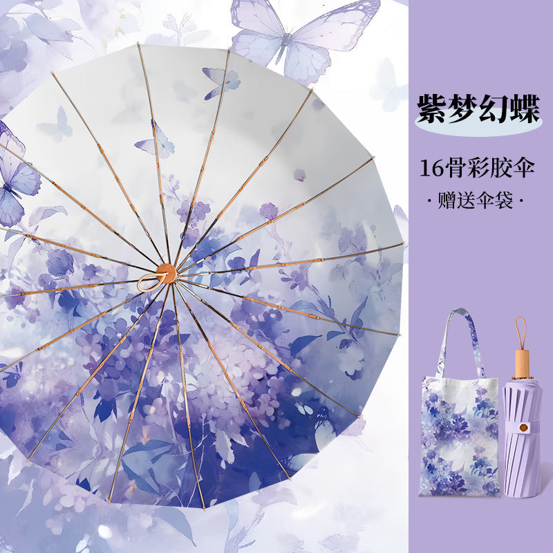 Vintage High-Appearance Student Manual  Three-Fold 16-Rib Sun Protection Uv-Resistant Dual-Use Umbrella for Sun and Rain, Foldable Sunshade Umbrella for Women