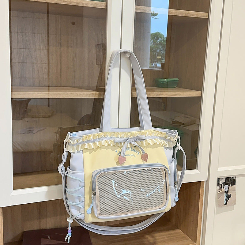 New Style Schoolbag Women's High Color Value Contrast College Style Junior Senior high school Student Backpack Ballet Style Pleated Lace Pain Bag