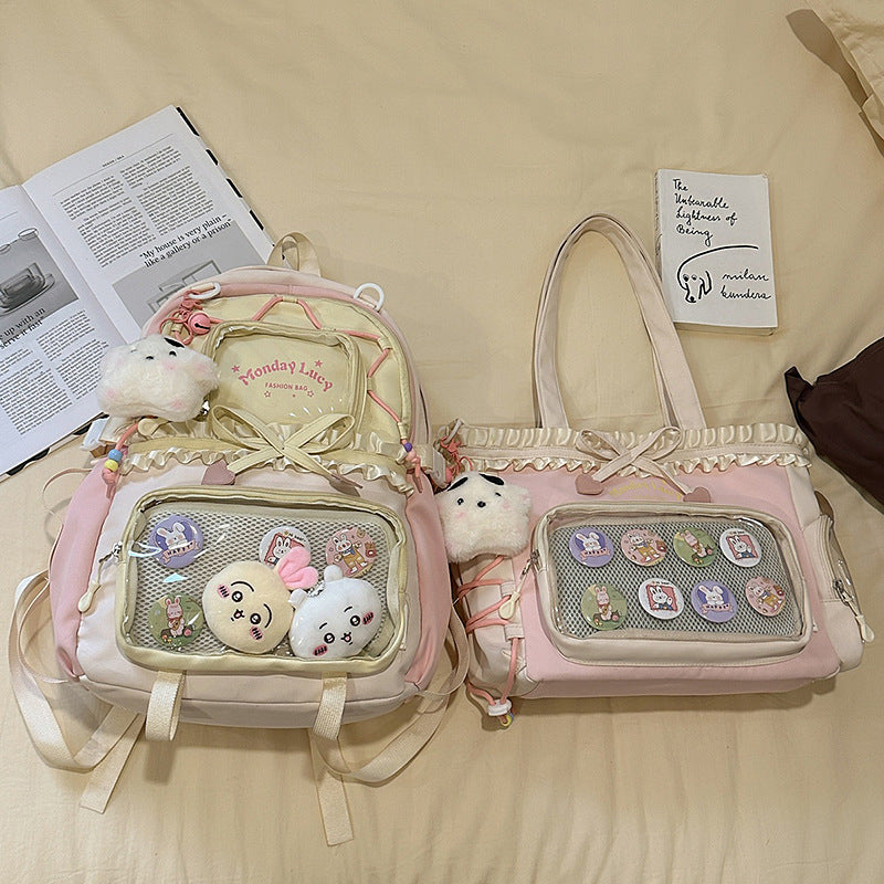 New Style Schoolbag Women's High Color Value Contrast College Style Junior Senior high school Student Backpack Ballet Style Pleated Lace Pain Bag
