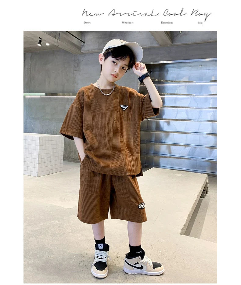 New Summer Boys Clothes Sets Teen Short Sweatshirt + Pants Children Clothing Solid Kids Boy Sport Suits 4 6 8 10 12 14 Years