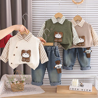 Free shipping boys' spring and autumn outfit, baby boy infant children's set, Korean style bear sweater, long-sleeve shirt three-piece set, trendy