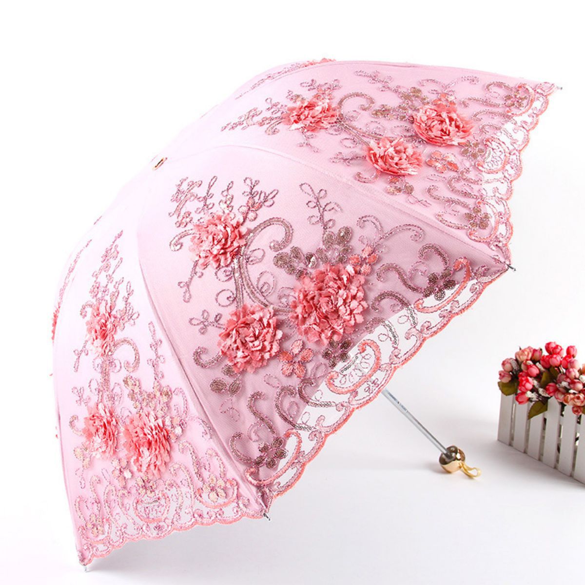 TEMU cross-border for manufacturers folding vintage embroidered lace double vinyl three-fold umbrella wedding umbrella