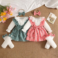 2026 Cross-Border Baby Girl Lace Round Neck Knit Long Sleeve Top + Corduroy Double-Layer Suspender Skirt + Socks Five-Piece Set
