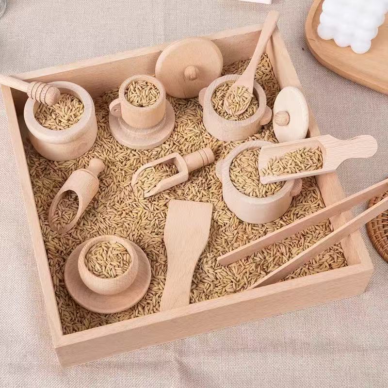 Cross-Border Solid Wood Montessori Kids Pretend Play Kitchen Toy Set with Pots, Pans, Spoons, Cups & Tea Set