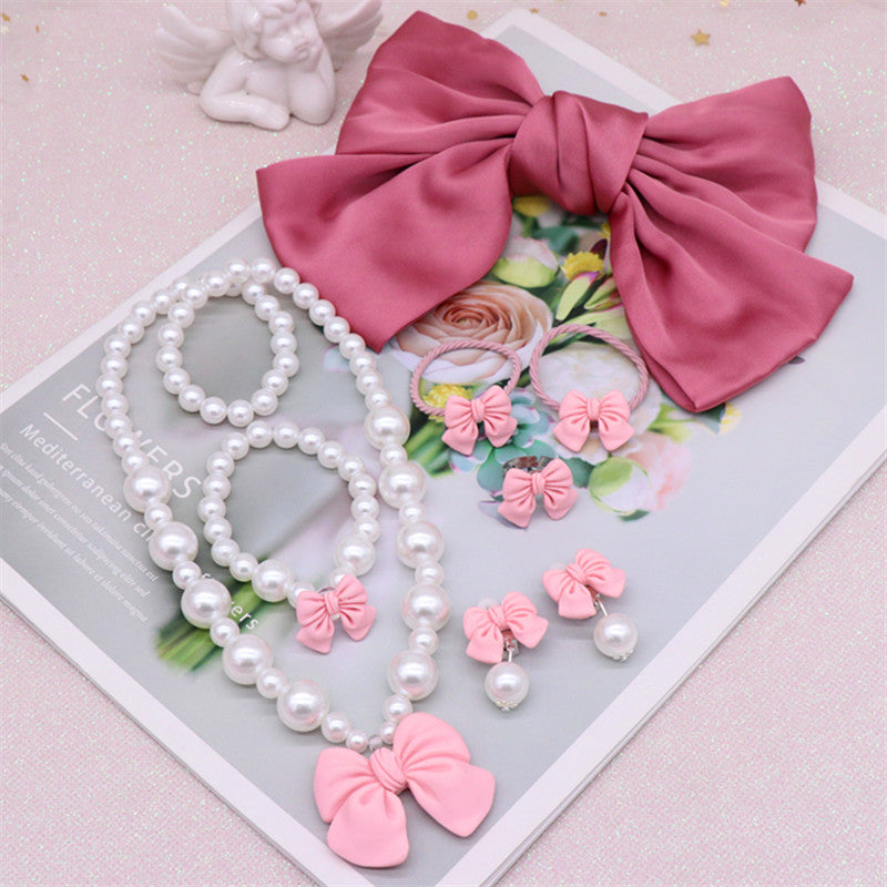 Children's Necklace Set, Cute Bow, Large Pearl Necklace, Bracelet, Ring, Earrings, a Set of Jewelry for Little Girls