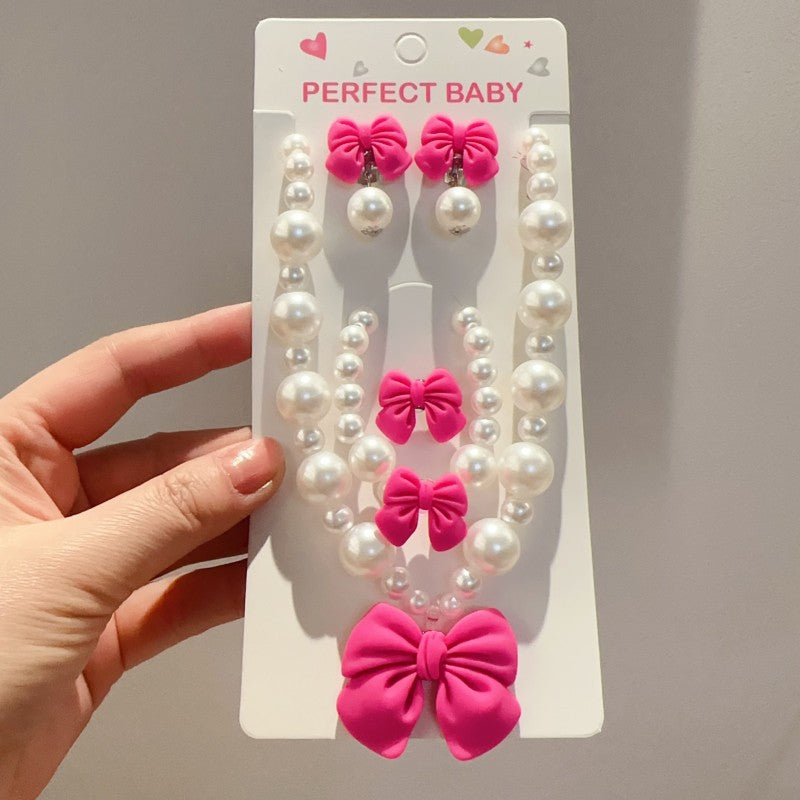 Children's Necklace Set, Cute Bow, Large Pearl Necklace, Bracelet, Ring, Earrings, a Set of Jewelry for Little Girls