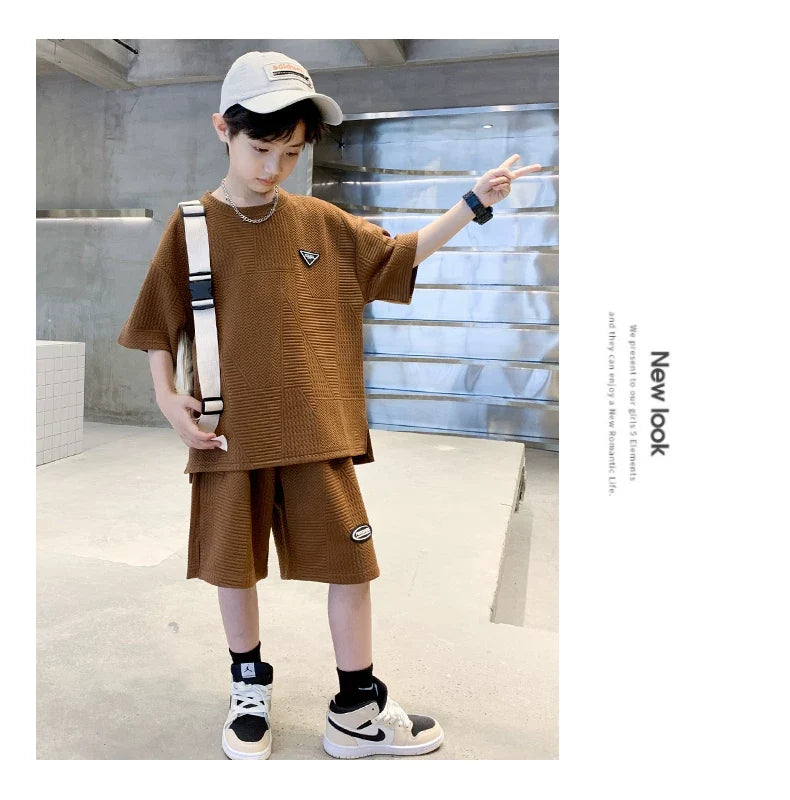 New Summer Boys Clothes Sets Teen Short Sweatshirt + Pants Children Clothing Solid Kids Boy Sport Suits 4 6 8 10 12 14 Years