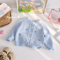 Girls' Autumn Fresh Style Knit Sweater with Sweet Embroidery and Crochet, Fashionable Versatile Cardigan for Babies