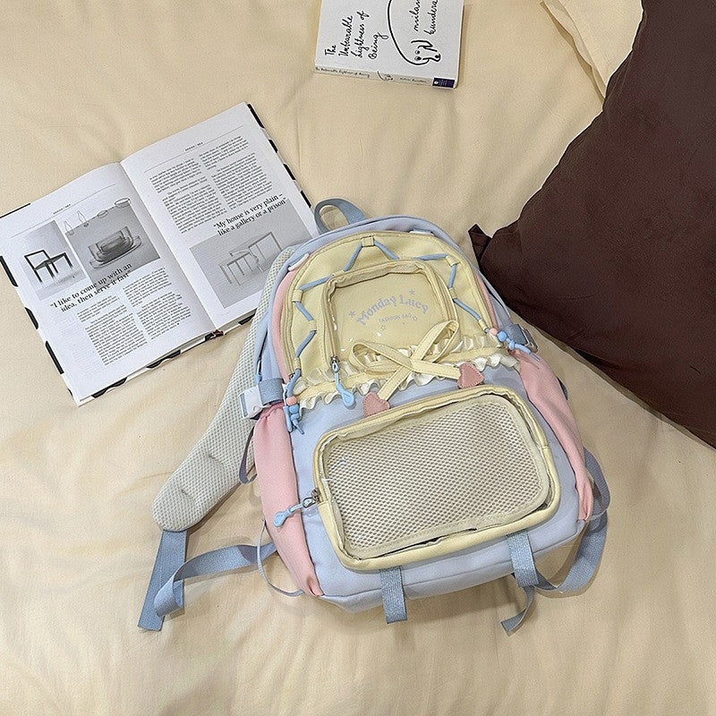 New Style Schoolbag Women's High Color Value Contrast College Style Junior Senior high school Student Backpack Ballet Style Pleated Lace Pain Bag