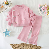 Children's Sweater Set with Sweet Lace Sleeves, Knitted Pants, Korean Style Stylish Flared Pants, Round Neck Sweater Set for Baby Girls