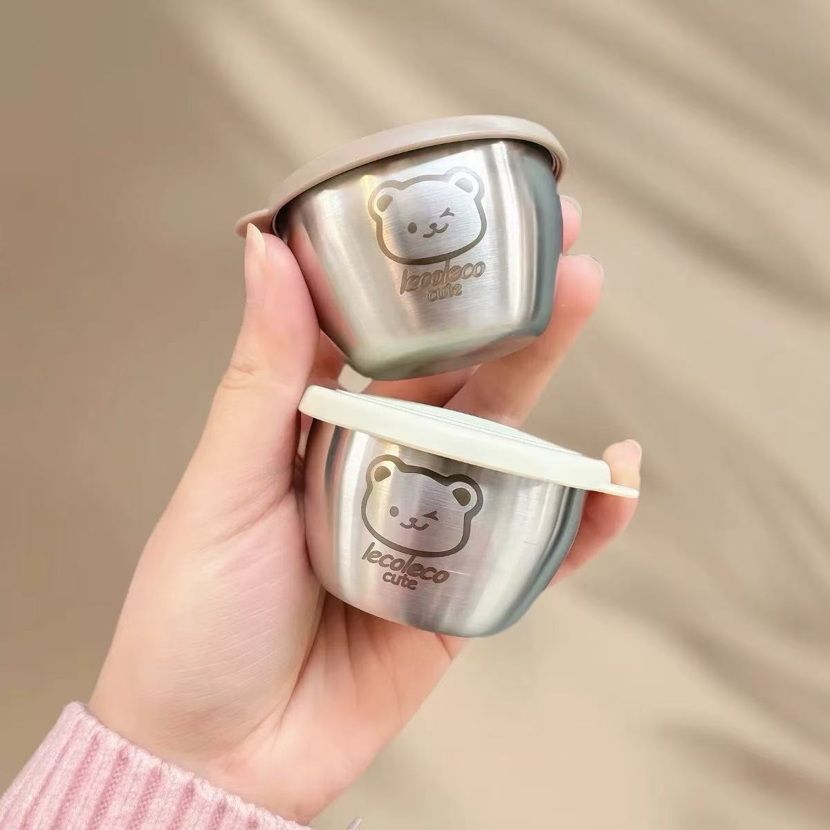 Mini (50 ml) Portable Sauce Cup Seasoning Box Cartoon Bear Plate with Lid Tomato Salad Sauce Cup 304 Stainless Steel