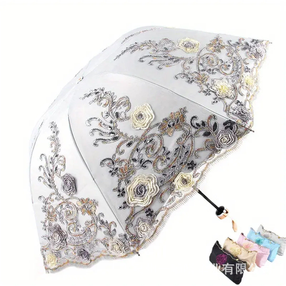 TEMU cross-border for manufacturers folding vintage embroidered lace double vinyl three-fold umbrella wedding umbrella