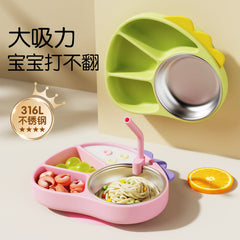 Silicone Divided Children's Dinner Plate Cartoon Little Dinosaur Suction Cup Bowl Training Baby to Eat Independently Divided Supplementary Food Tableware