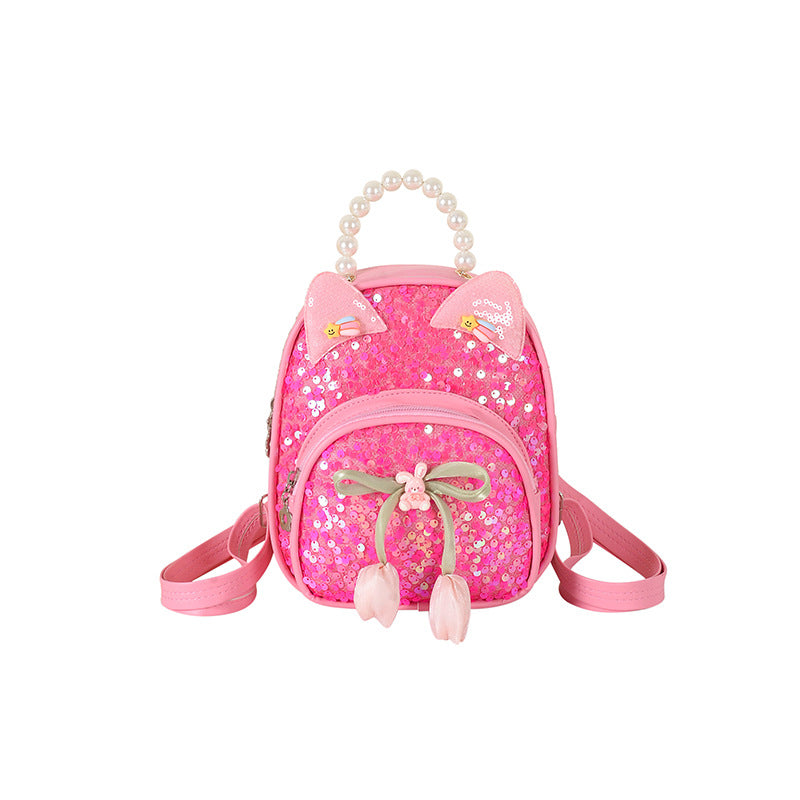 Children's Sequin Bag with Cartoon Bow, Stylish Princess Pu Accessory Bag, Snack Bag, Travel Backpack for Girls Aged 3-5 Years Old