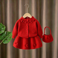 New Autumn/Winter Girls' Sweater Set: Knitted Bowknot Solid Color Cardigan Coat and Skirt Two-Piece Set with Small Bag