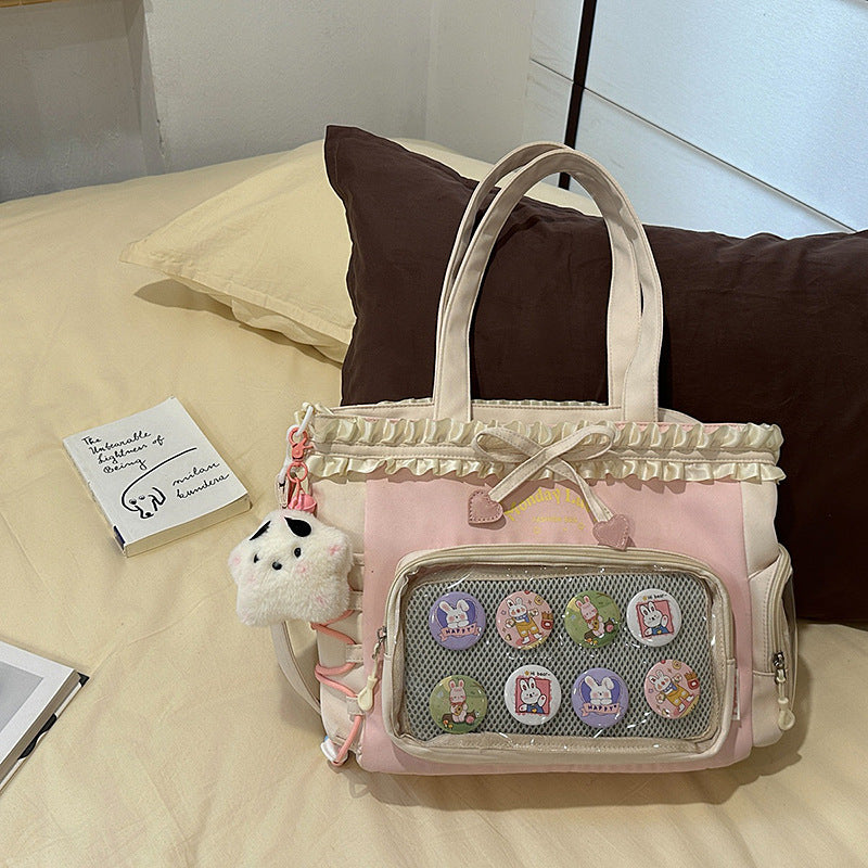 New Style Schoolbag Women's High Color Value Contrast College Style Junior Senior high school Student Backpack Ballet Style Pleated Lace Pain Bag