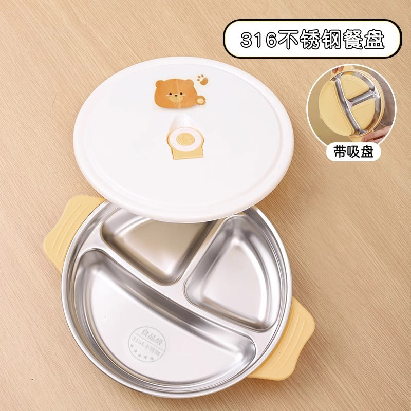 316 Stainless Steel Children's Dinner Plate, Cute Dinosaur Car-Shaped Divided Plate with Suction Cup to Prevent Falling, Baby Anti-Fall Plate