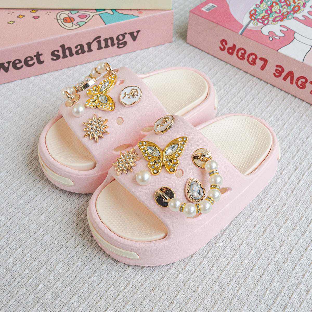 Eva Kidsren's Slippers Summer Outer Wear Pearl Gold Butterfly Sandals Girls Baby Beach Slippers