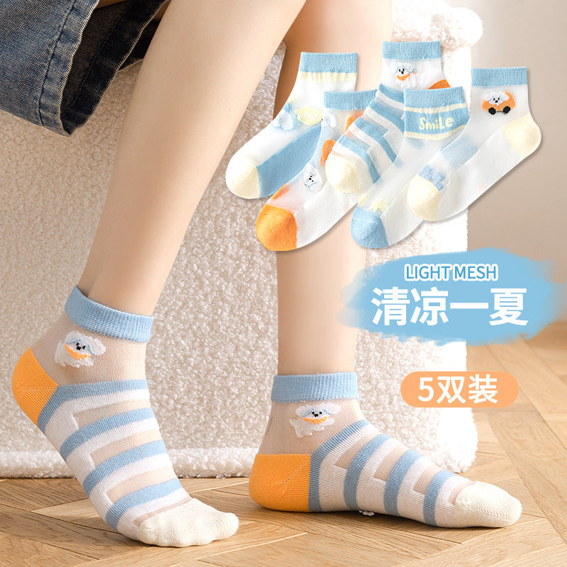 Children's Socks Spring and Summer Ice Silk Thin Mesh Socks for Boys and Girls Full Cartoon Cotton Boat Socks Baby Socks Wholesale