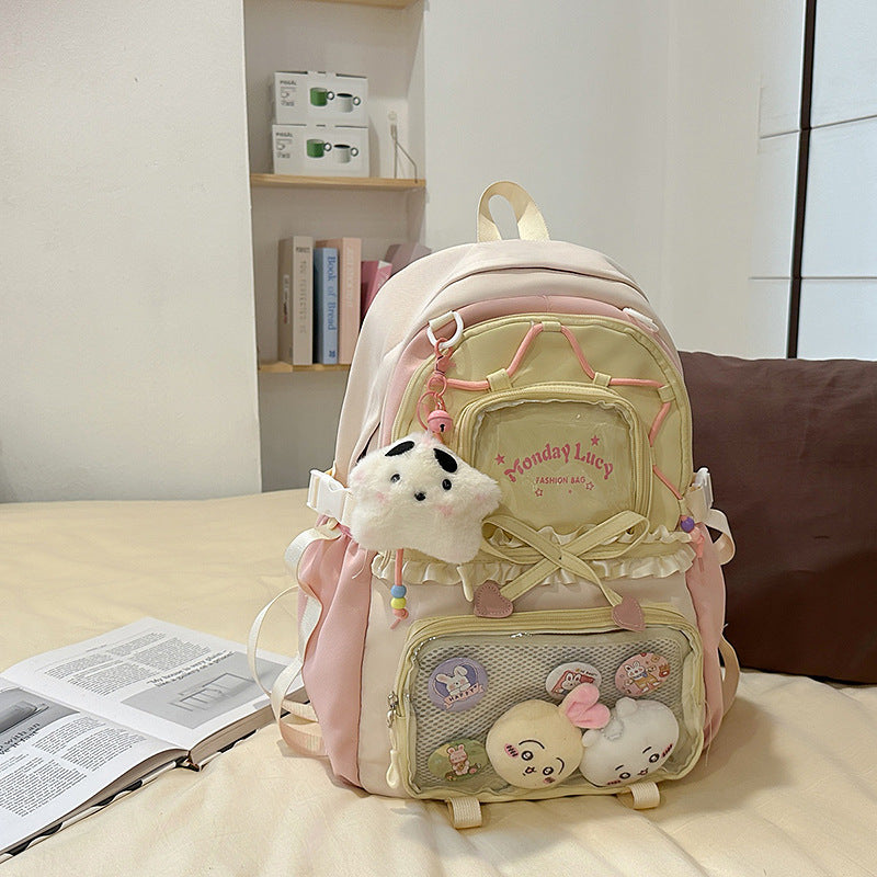 New Style Schoolbag Women's High Color Value Contrast College Style Junior Senior high school Student Backpack Ballet Style Pleated Lace Pain Bag