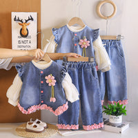 Girls' Outfit Spring/Autumn 2026 New Fashionable Children's Rose Flower Denim Three-Piece Set Trendy Wholesale